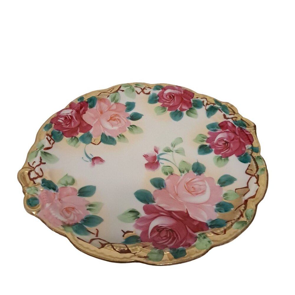 Vintage Hand Painted Porcelain Floral Roses 9.5" Luncheon Salad Dinner Plate